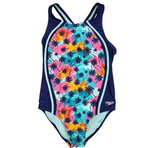 Speedo Rainbow Wave Tropical Thick Strap Razor Back One-piece Swimsuit Size 14